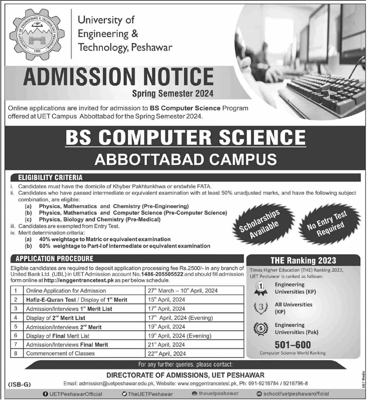 UET Abbottabad BS Admission Online 2024