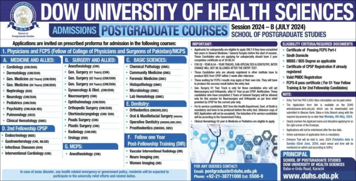 Dow University of Health Sciences Karachi Admissions 2024