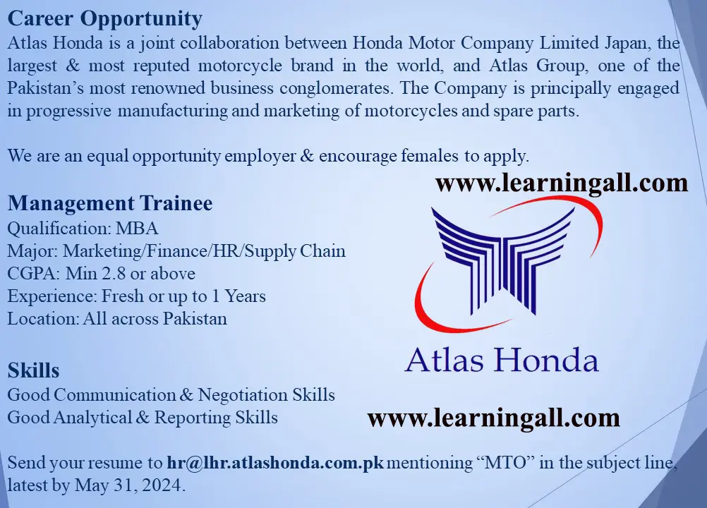 Atlas Honda Management Trainee Jobs 2024