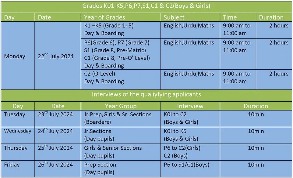Sadiq Public School Bahawalpur Schedule 2024
