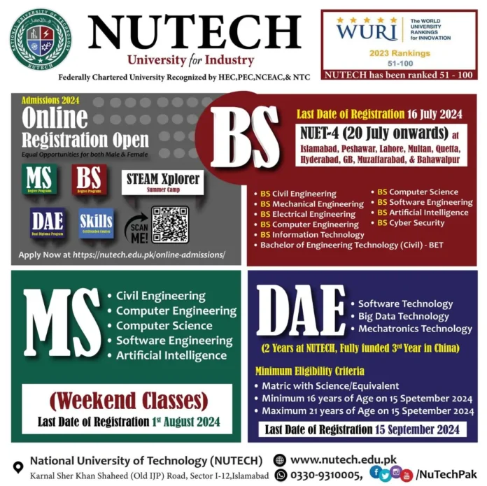 NUTECH University Islamabad Admission 2024