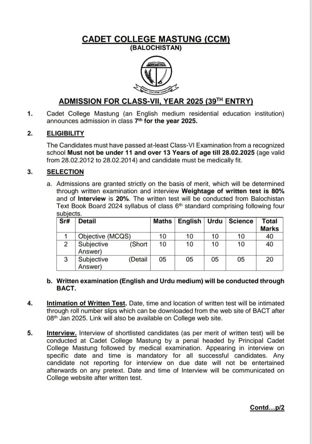 Cadet College Mastung Fee Structure