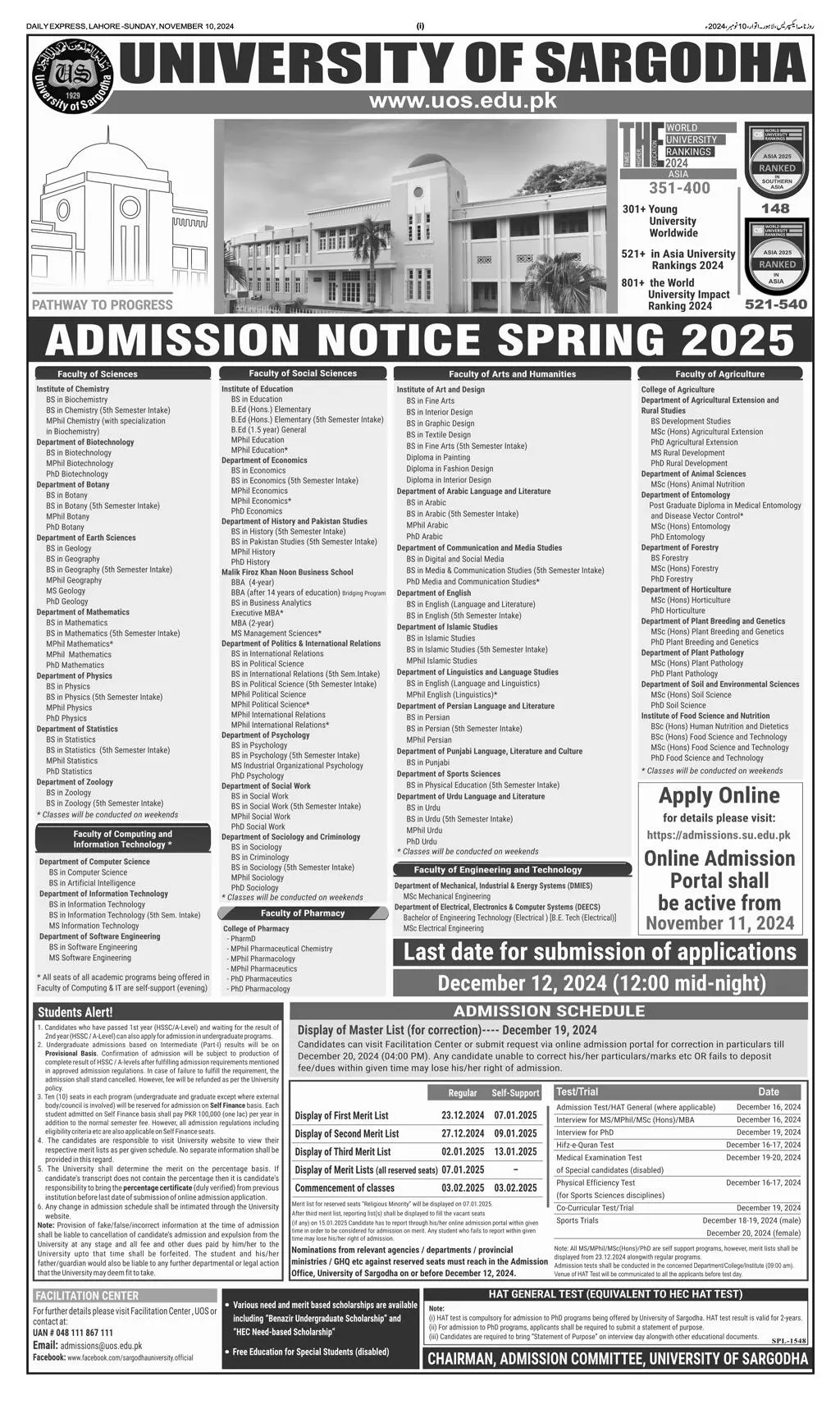 University of Sargodha Merit List 2025