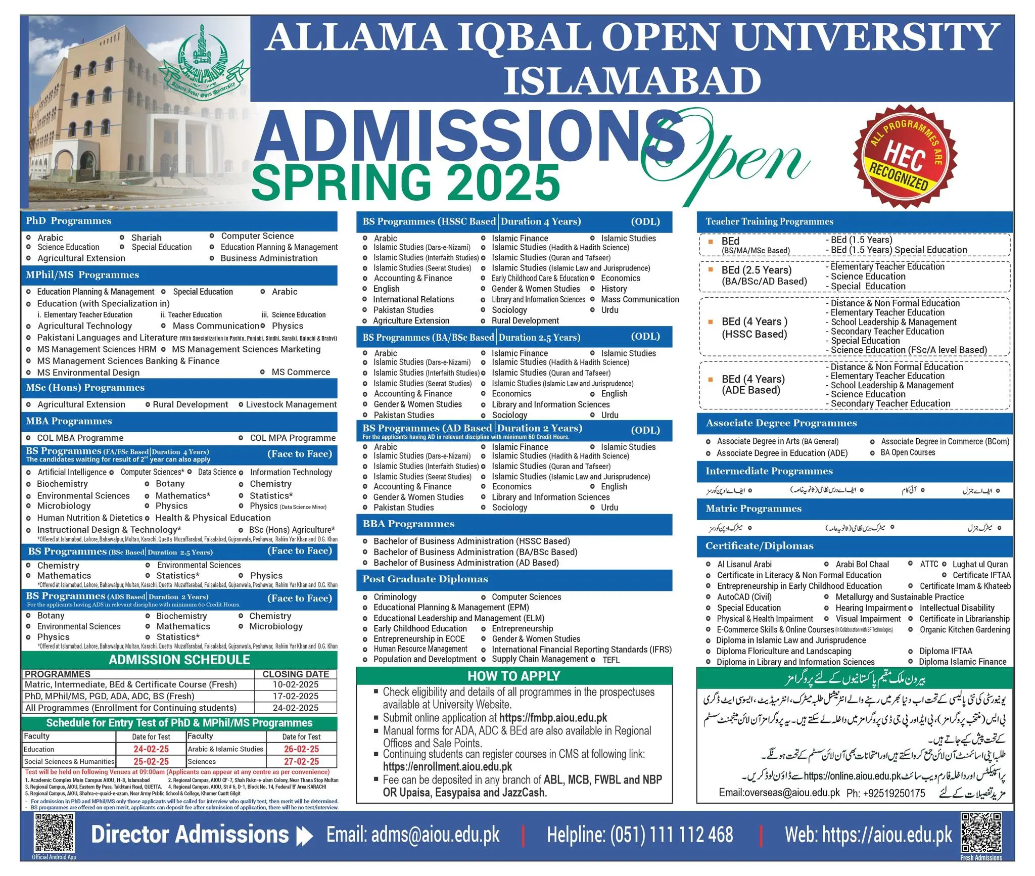 Allama Iqbal Open University Admission 2025