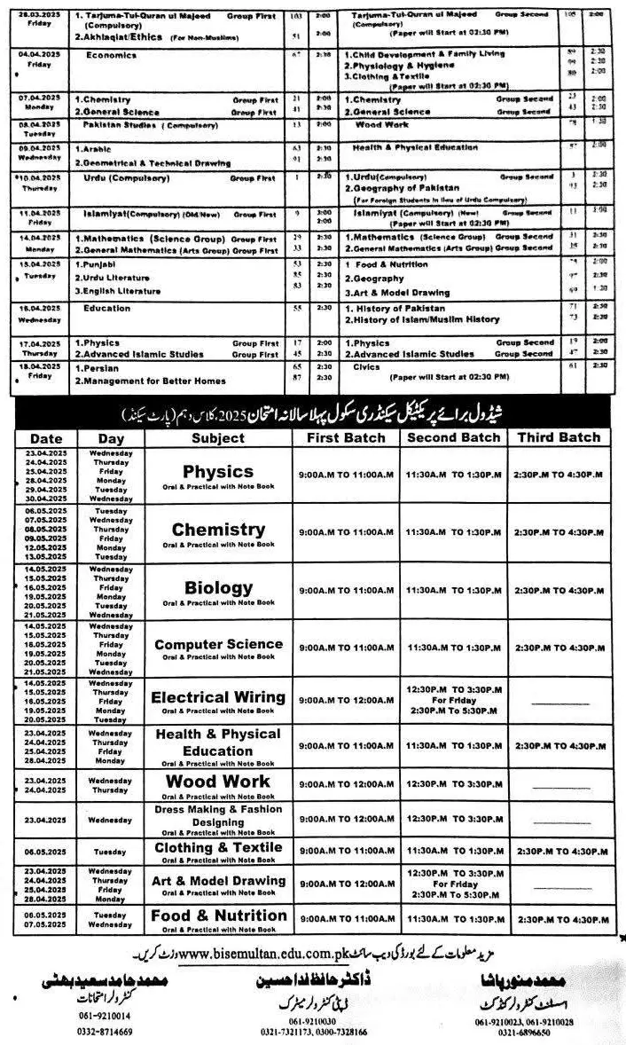 BISE Lahore Matric Date sheet 2025-1